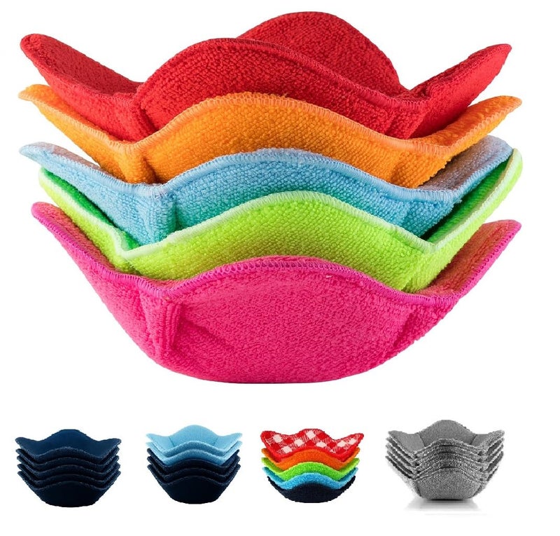 SHILA Bowl Snuggies, Multicolor Set of 5 Microwave-Safe Hot Bowl Holders to Keep Your Hands Cool and Your Food Warm, Polyester & Sponge Heat Resistant Dish Pads for Soup, Rice and Pasta - Image 1